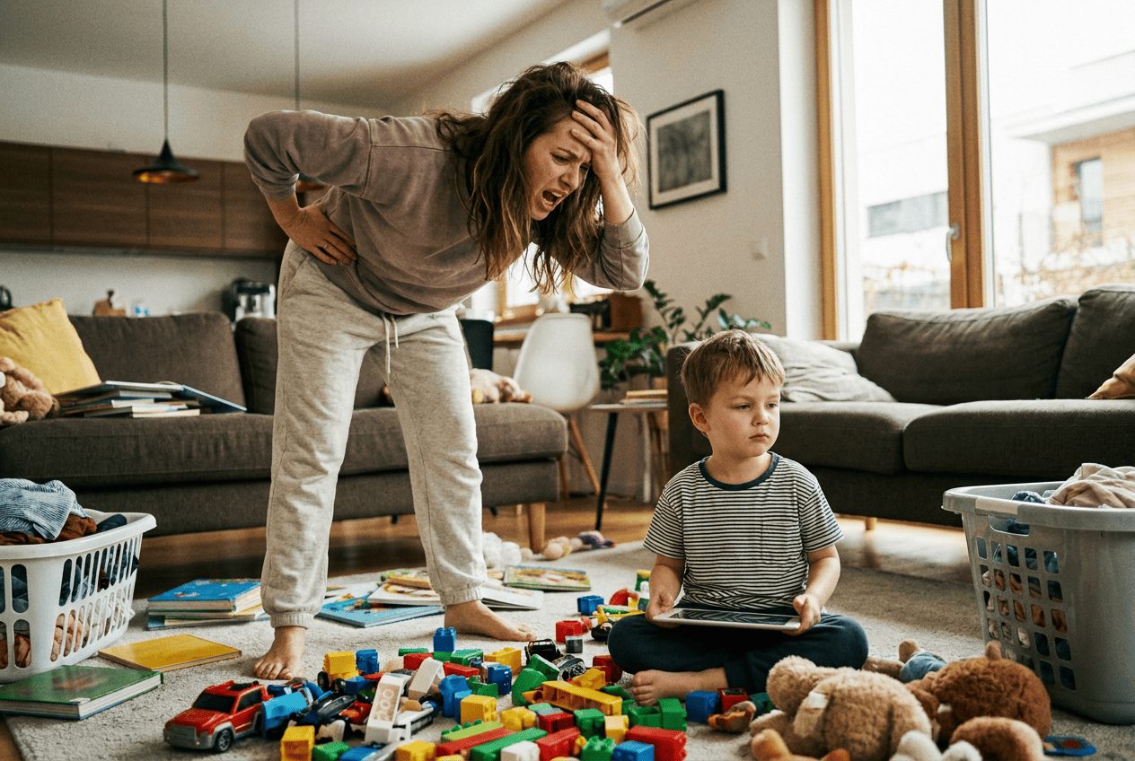 Mãe estressada com cabeça nas mãos, filho ignorando, brinquedos espalhados