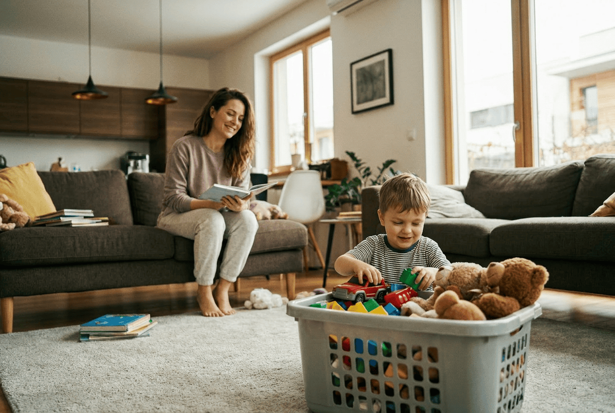 Mãe relaxada no sofá, filho guardando brinquedos sozinho